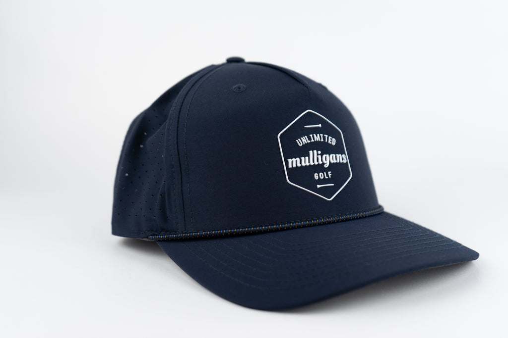 Navy blue cap with a white logo on a light gray background