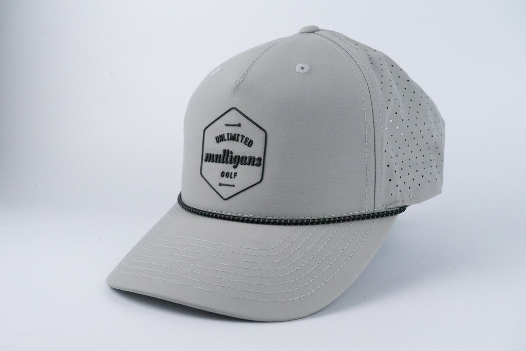 Gray rope cap with a logo on a white background